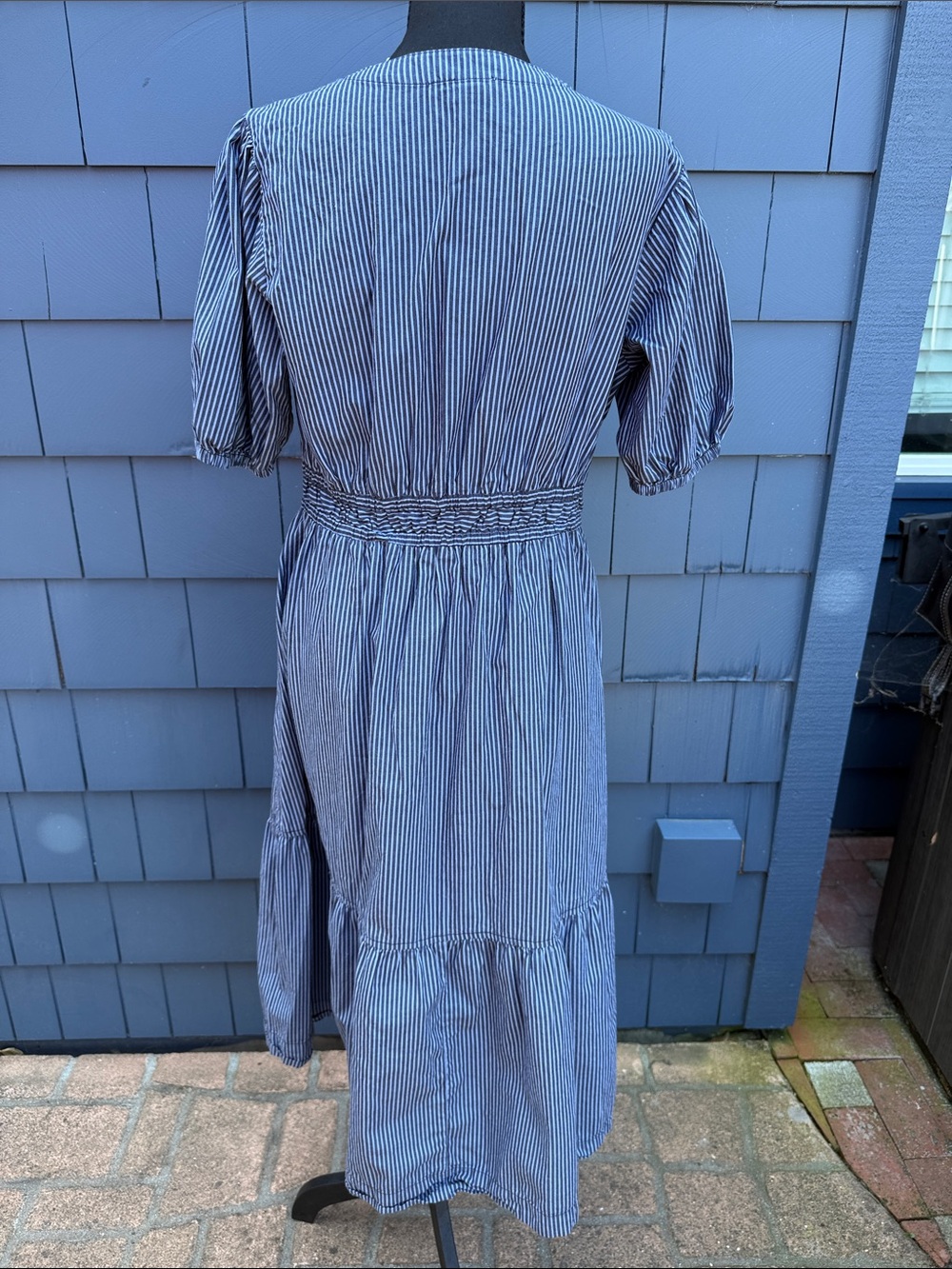Striped V-Neck Maxi Dress with Puff Sleeves - Blue/White Med cotton - Picture 7 of 11
